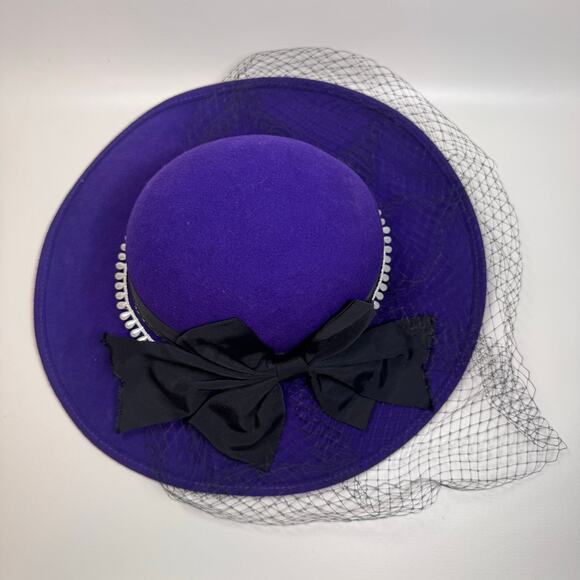 Vintage Women's Purple Hat 100% Wool Black Bow Pearls Retro Princess Made in USA - Picture 4 of 7